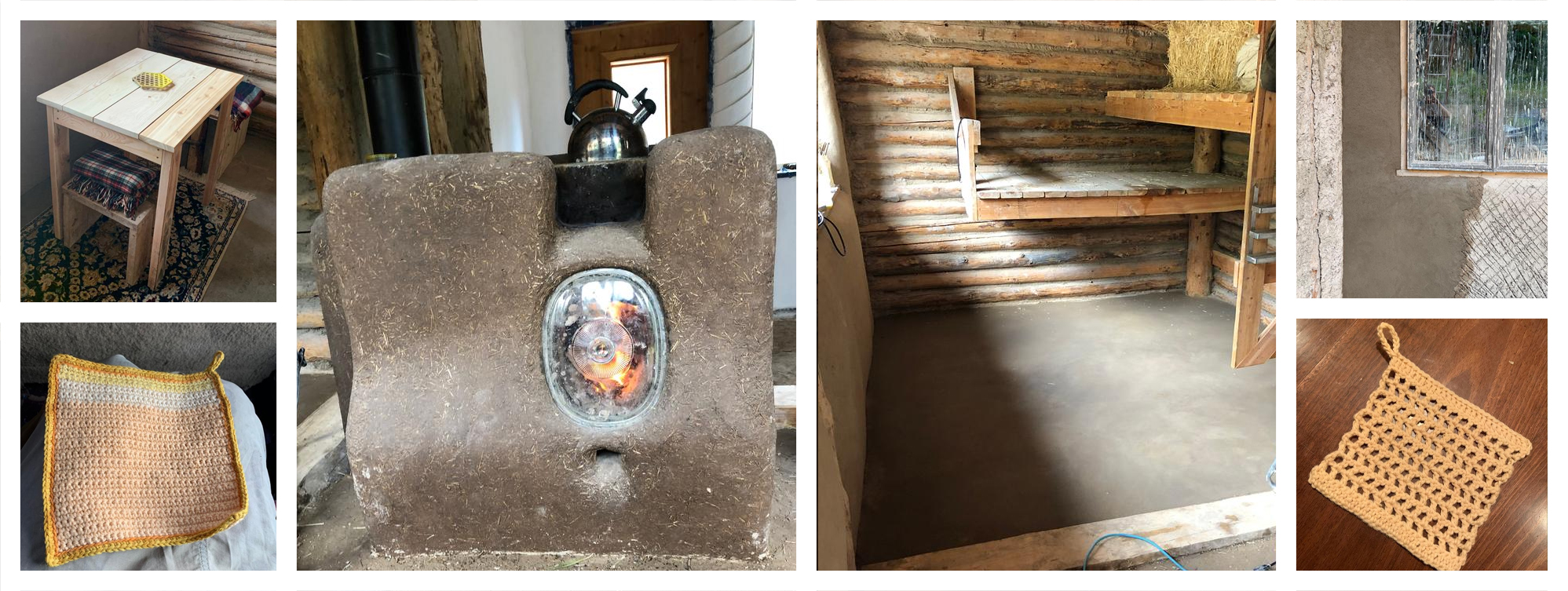Jen Richardson-collage rocket stove, natural floor and siding, small wood table crochet