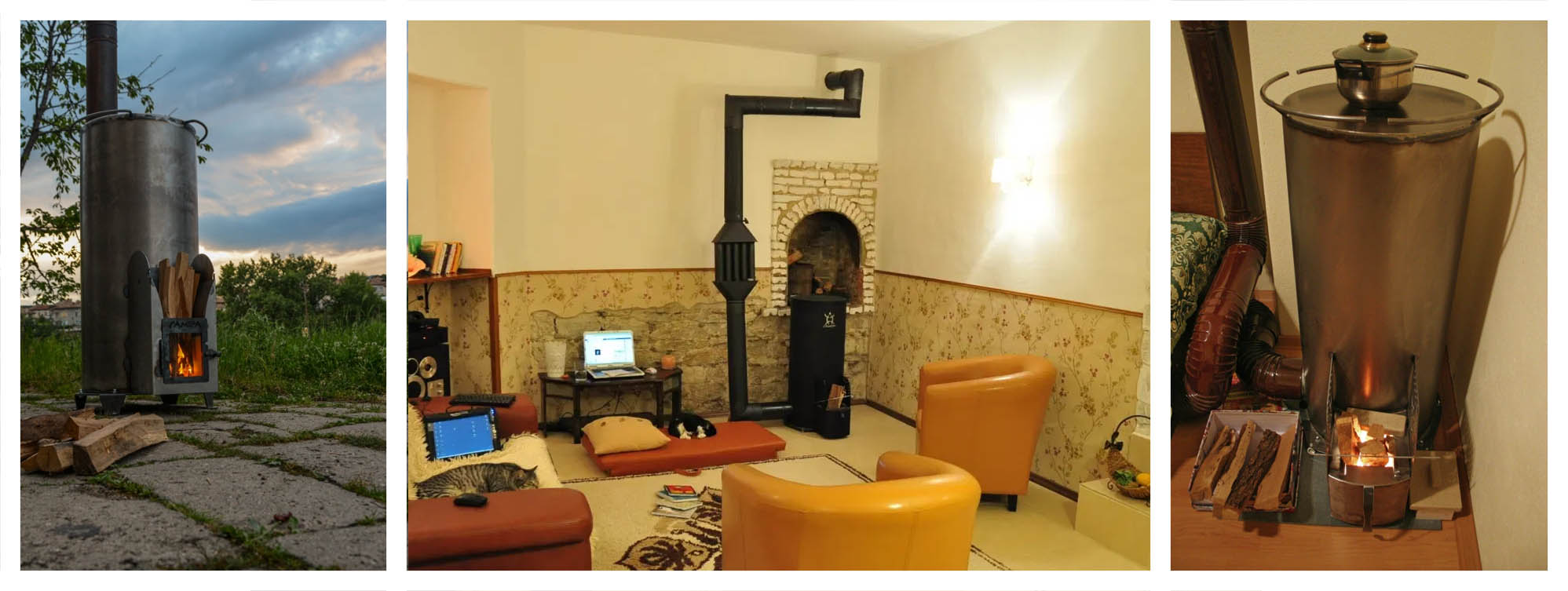 gamer-rocket-mass-heater-collage rocket stove in living room and other gamera rocket stoves