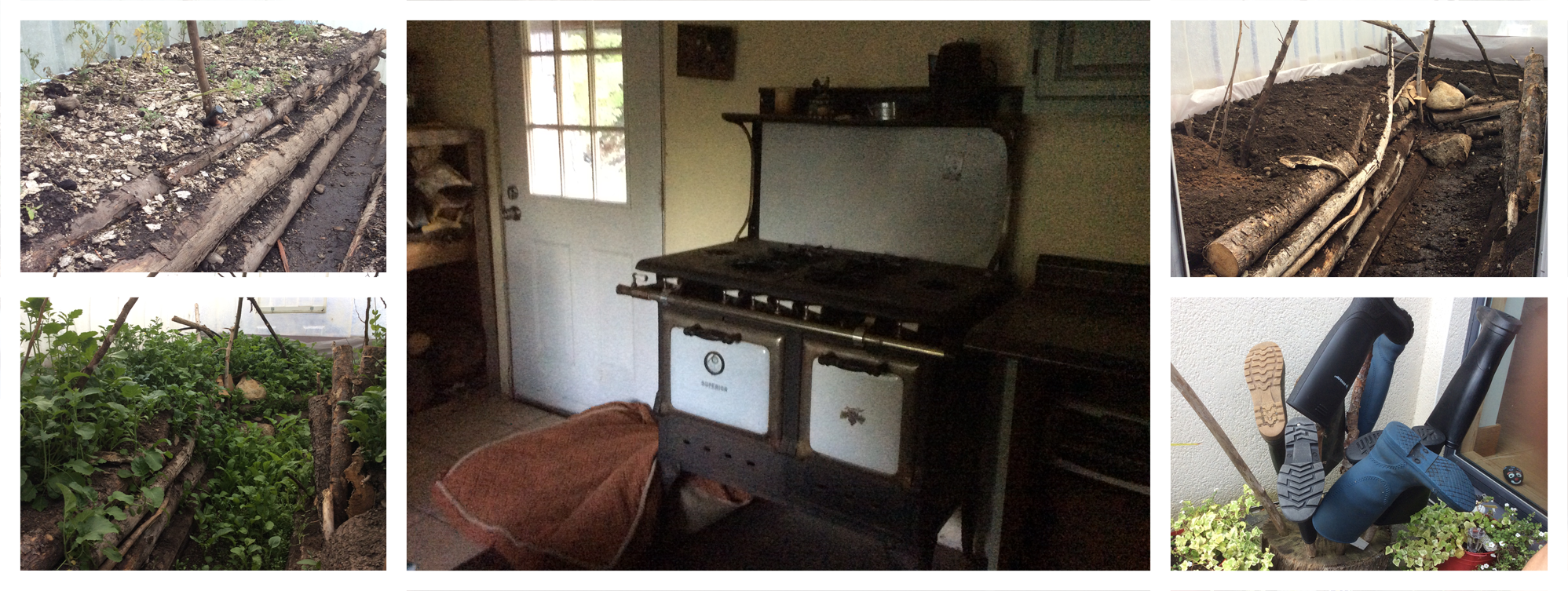 amelia-collage Amelia's greenhouse garden and wood cookstove